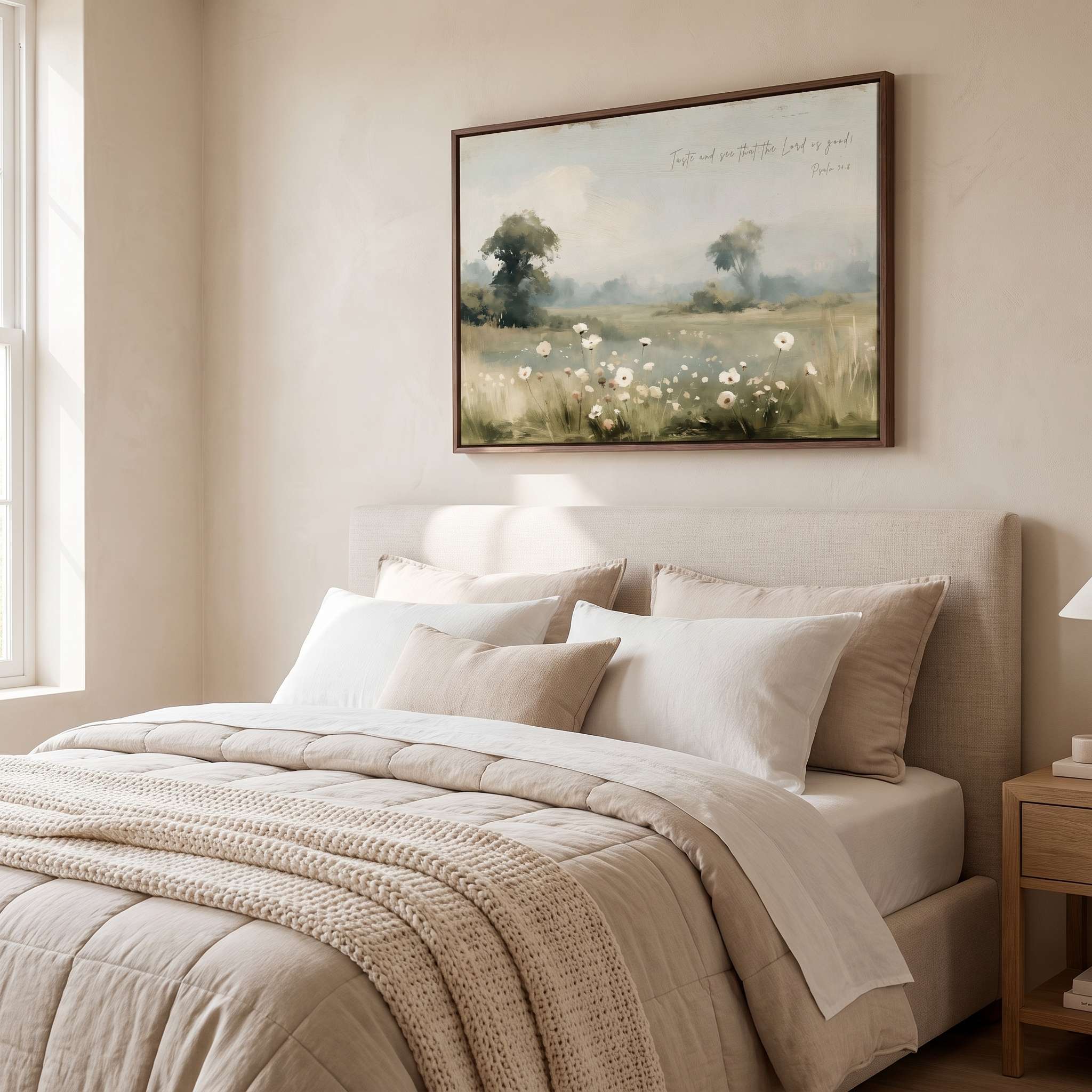 Framed vintage Psalm 34:8 wildflower landscape canvas wall art hanging above a light beige bed in a soft organic modern bedroom.