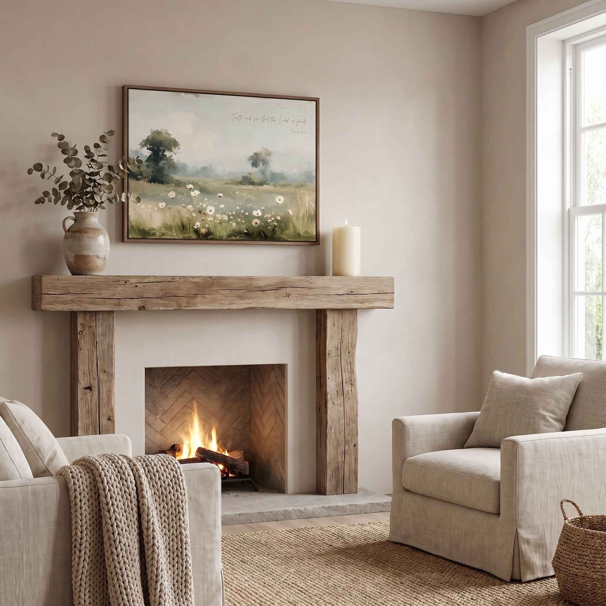 Framed vintage Psalm 34:8 wildflower landscape canvas wall art hanging above a rustic wood fireplace mantel with beige armchairs in a warm Christian living room.