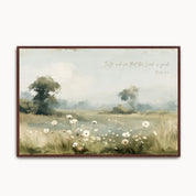 Vintage Psalm 34:8 landscape framed canvas wall art featuring a sunlit meadow with blooming white wildflowers, handwritten scripture script, and an espresso wood frame.