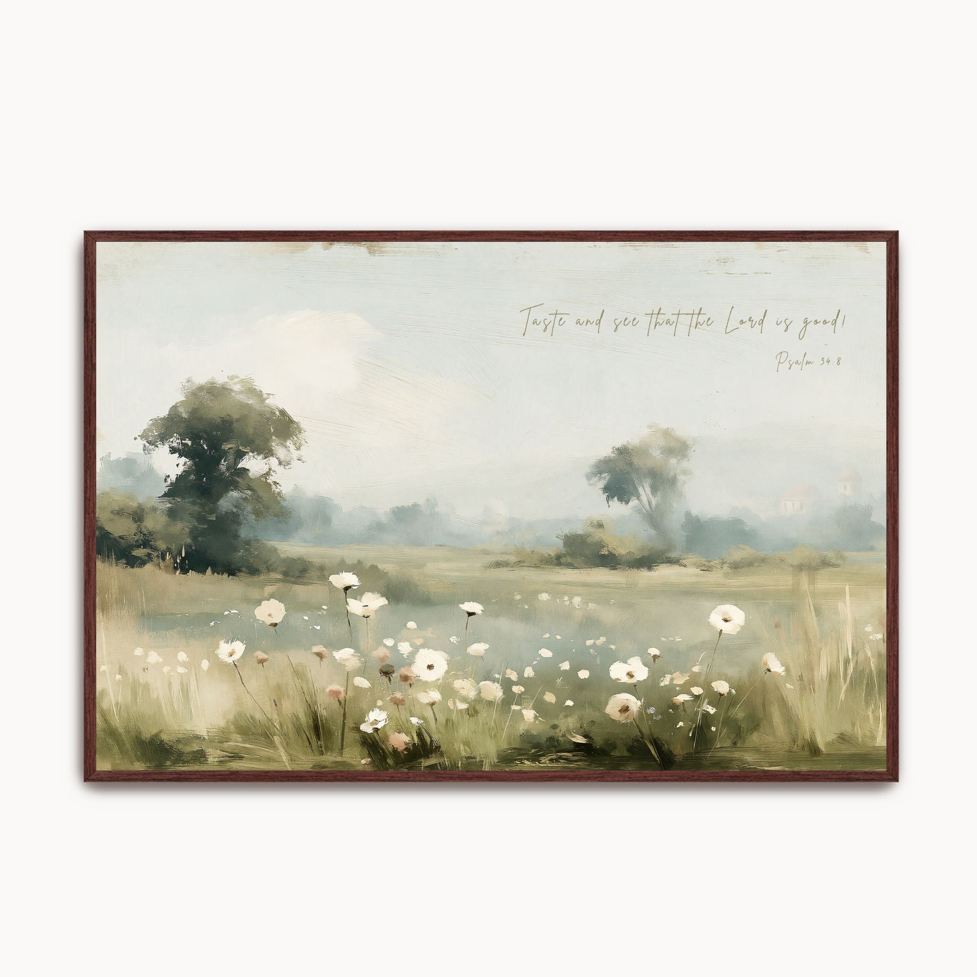 Vintage Psalm 34:8 landscape framed canvas wall art featuring a sunlit meadow with blooming white wildflowers, handwritten scripture script, and an espresso wood frame.