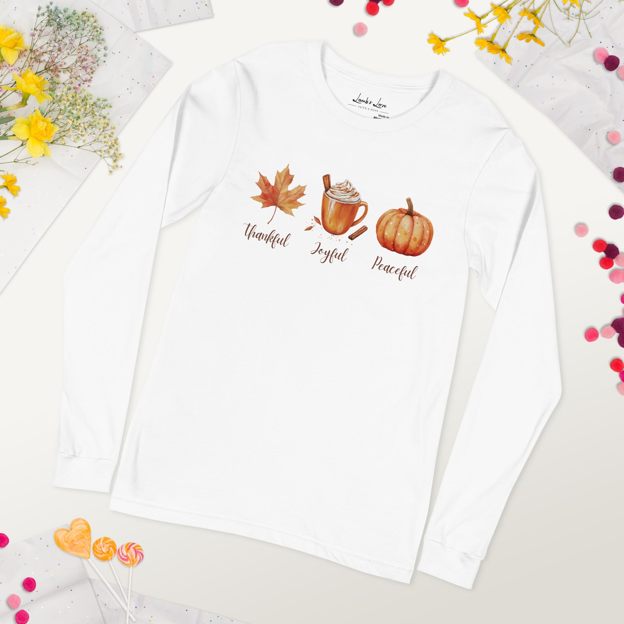 Thankful, Joyful, Peaceful, Women's Long Sleeve Tee - Lamb’s Love