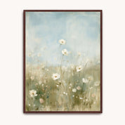 The Father Cares for You Christian floral wall art showing delicate white meadow flowers beneath a pale blue sky, displayed in a dark wood frame.