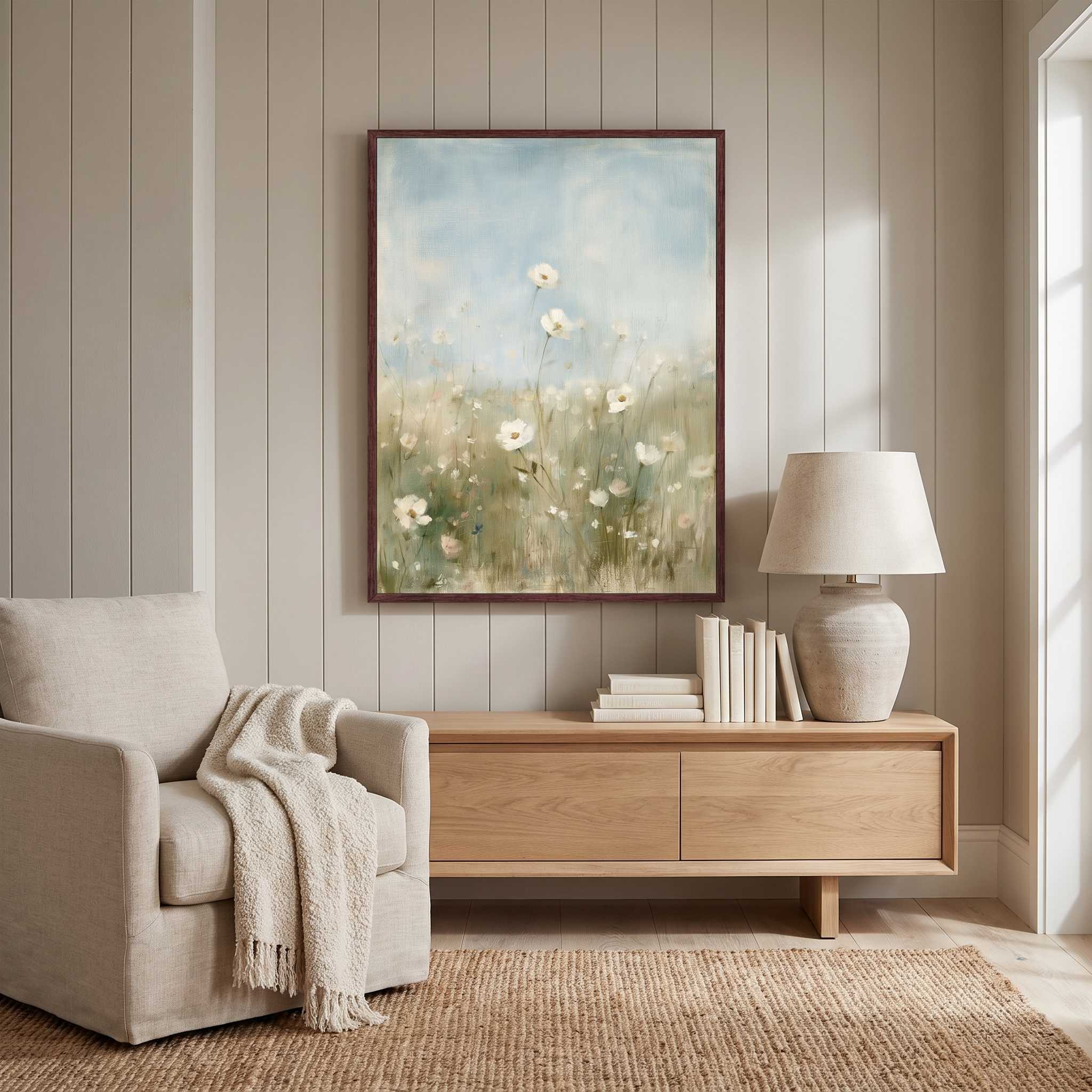 The Father Cares for You Christian floral wall art in a dark wood frame above a cabinet with books and a lamp beside a cream armchair in a paneled living room.