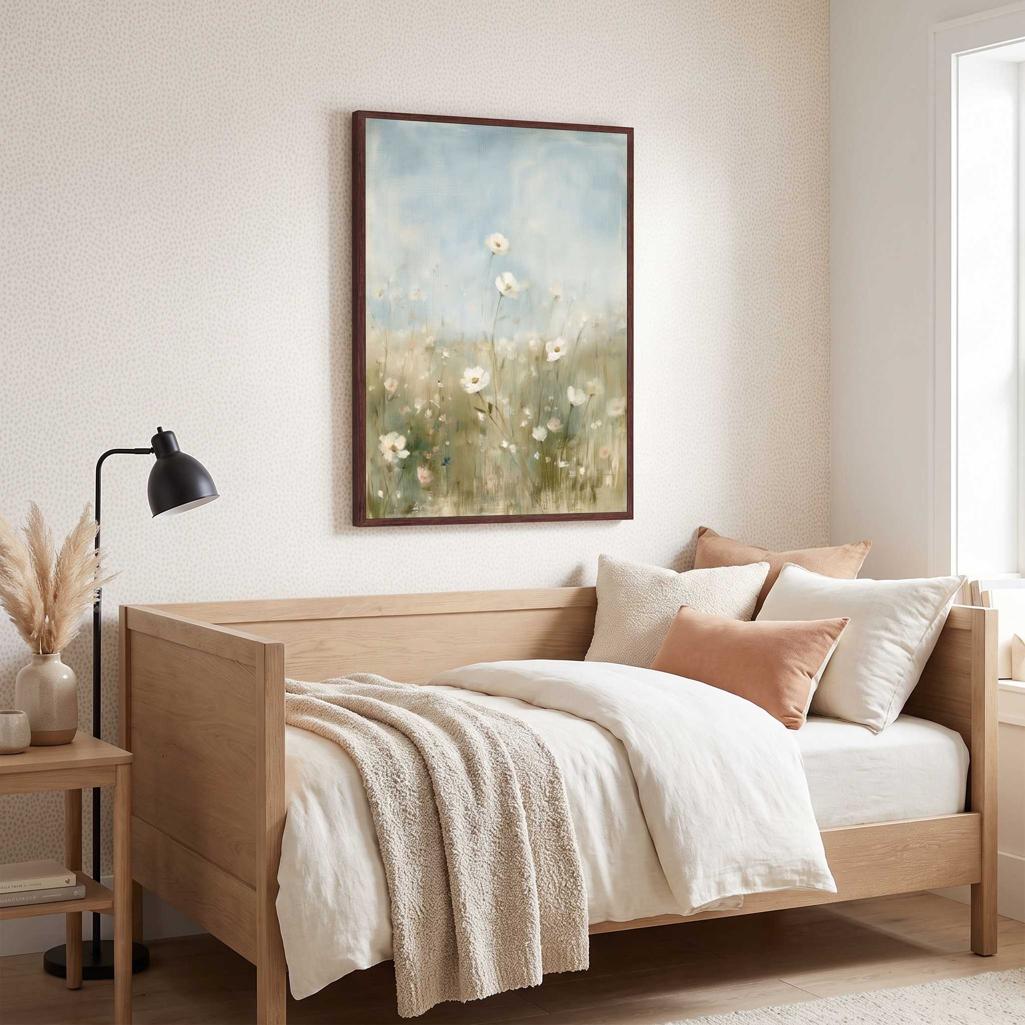 Framed The Father Cares for You Christian wildflower wall art above a wooden daybed with white bedding, a cream throw and tan cushions in a bright bedroom.
