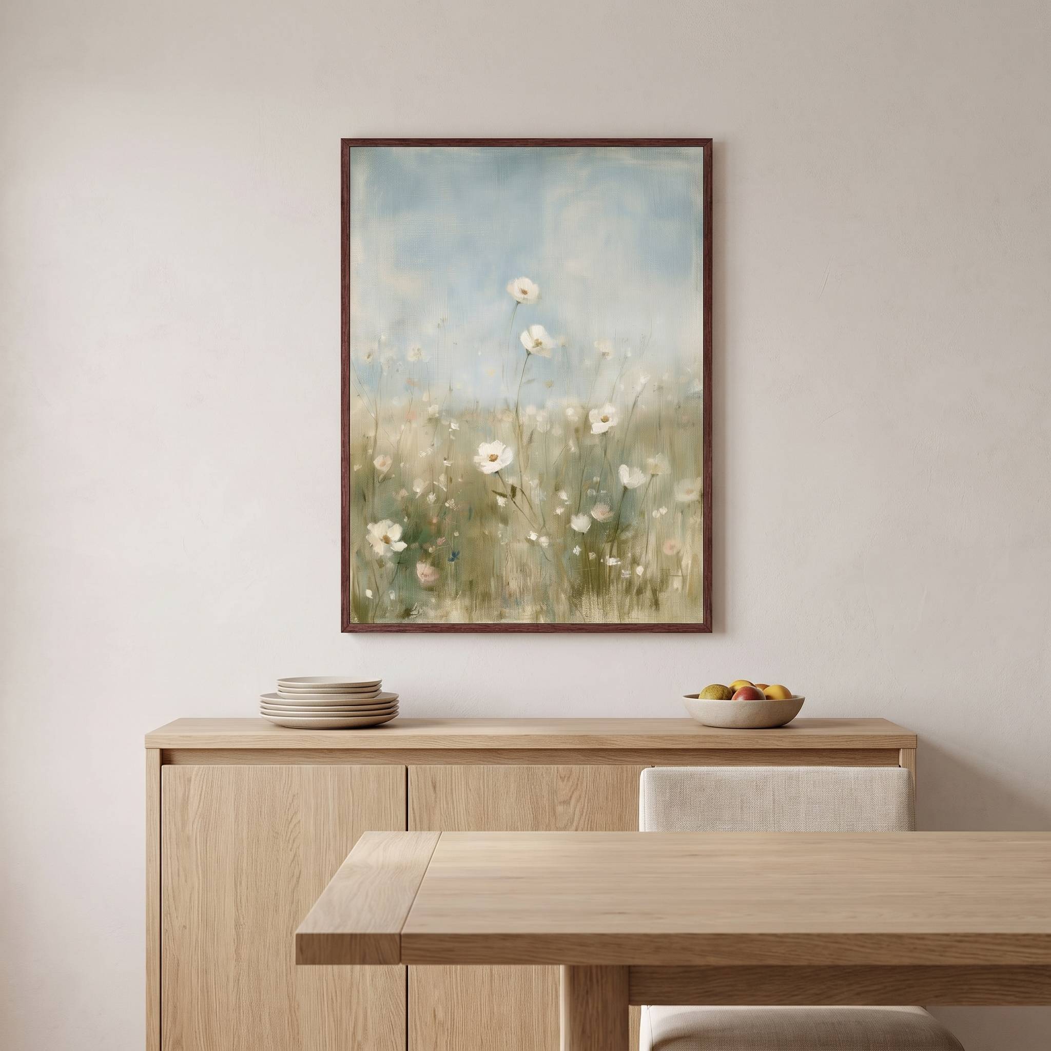 Framed The Father Cares for You Christian wildflower wall art above a light wood dining room sideboard with stacked plates and a fruit bowl.