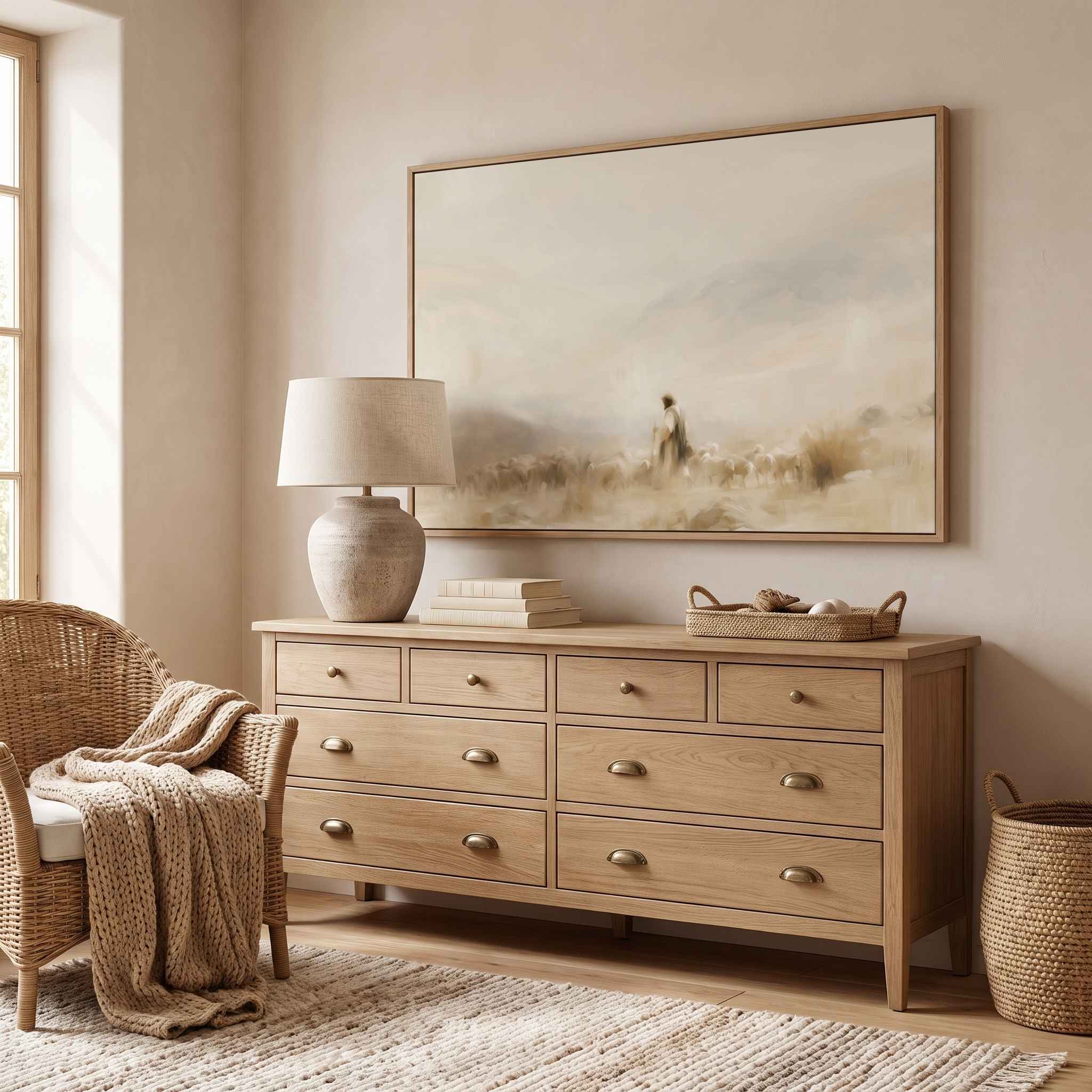 Framed vintage fine art canvas painting of Jesus leading sheep hanging on a warm beige wall above a light natural wood dresser with a ceramic lamp and wicker armchair in a neutral bedroom.