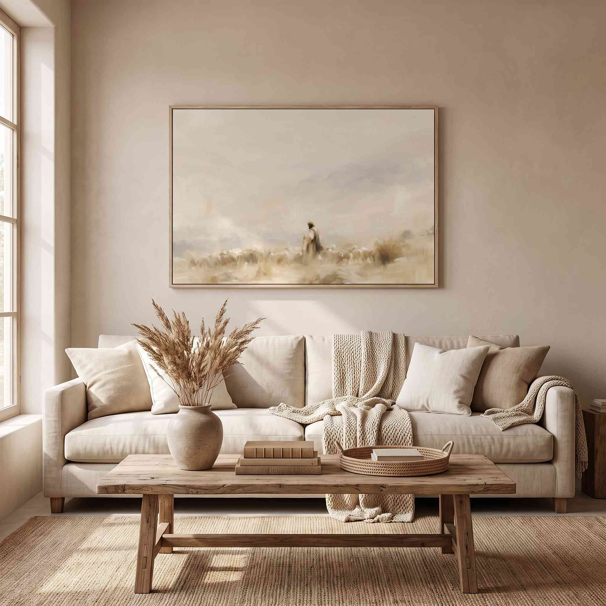 Framed vintage fine art canvas painting of Jesus leading sheep hanging on a light beige wall above a beige sofa with throw pillows and a wooden coffee table in a modern organic living room.