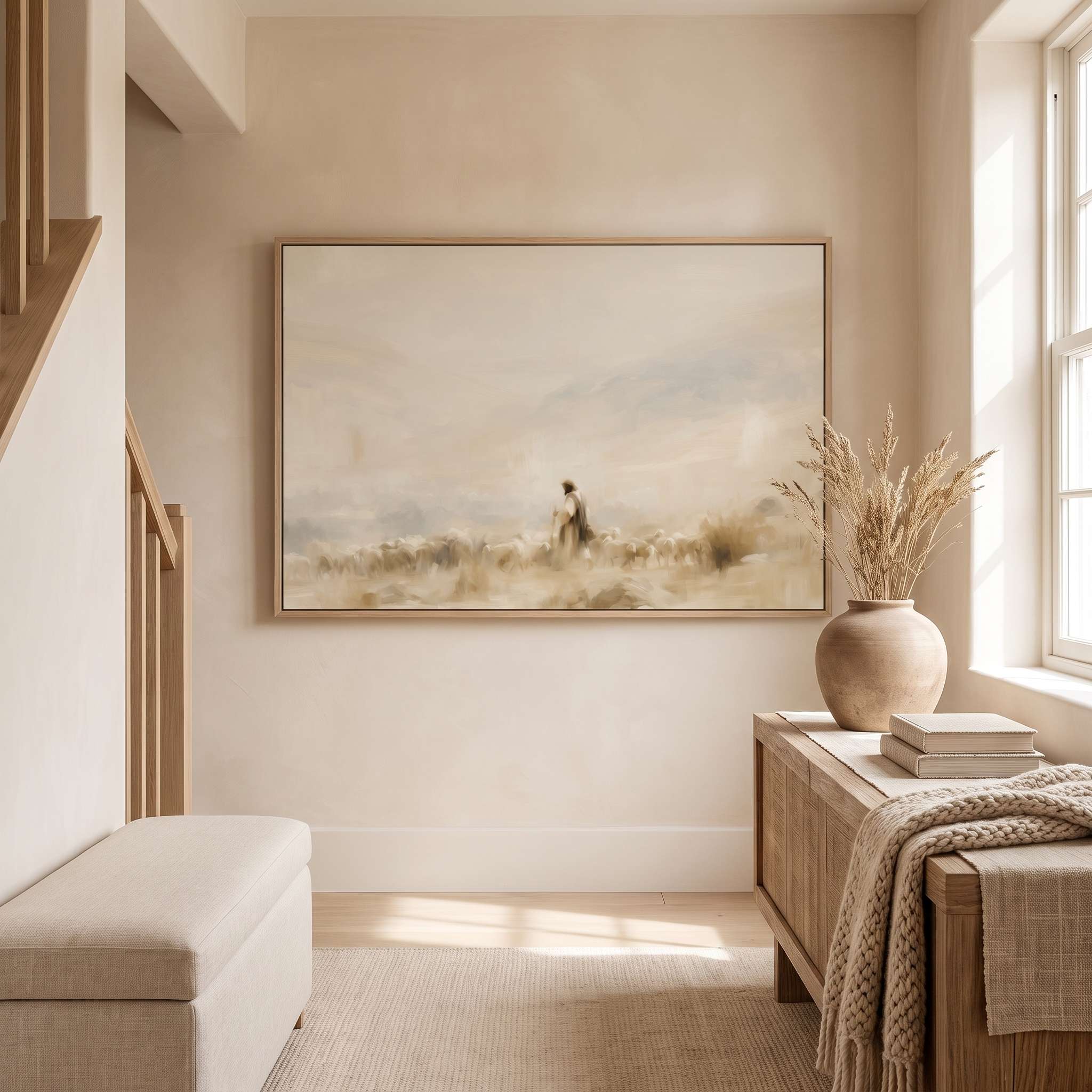 Framed vintage fine art canvas painting of Jesus leading sheep hanging on a beige wall next to a staircase in a bright hallway above a wooden console table with dried wheat and stacked books.