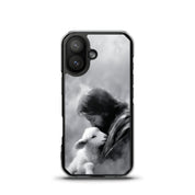 The Good Shepherd MagSafe® clear iPhone case featuring black and white watercolor artwork of Jesus holding a lamb in a peaceful minimalist Christian aesthetic style