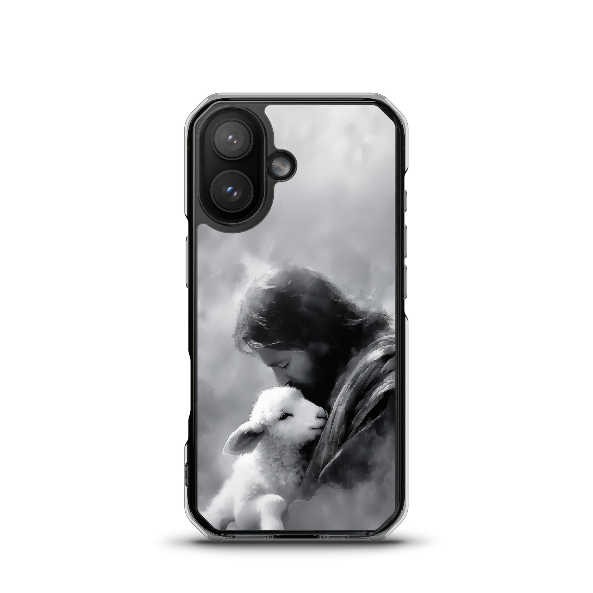 The Good Shepherd MagSafe® clear iPhone case featuring black and white watercolor artwork of Jesus holding a lamb in a peaceful minimalist Christian aesthetic style