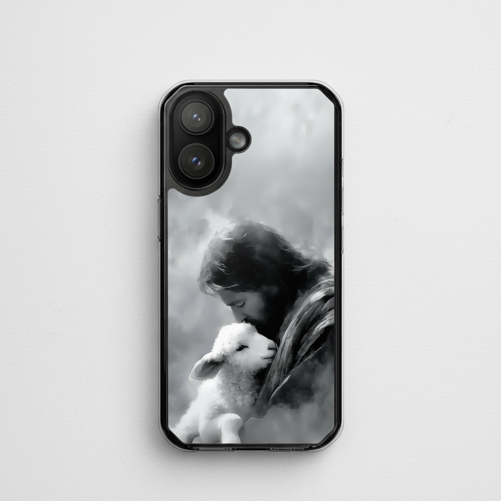 The Good Shepherd MagSafe® clear iPhone case featuring black and white watercolor artwork of Jesus embracing a lamb on a soft minimalist white background in an elegant Christian fine art style