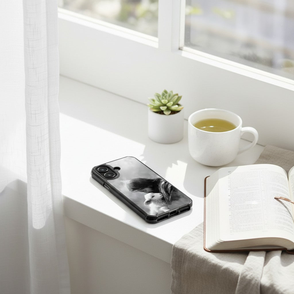The Good Shepherd MagSafe® clear iPhone case featuring black and white watercolor artwork of Jesus holding a lamb beside an open book, tea mug, and small plant on a bright minimalist windowsill in a peaceful Christian lifestyle setting