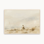Vintage fine art painting of Jesus leading a flock of sheep through a foggy landscape canvas print in a maple wood frame.