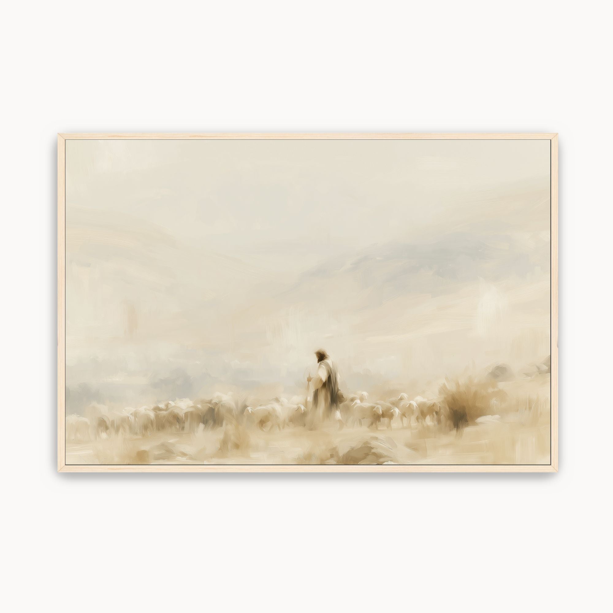 Vintage fine art painting of Jesus leading a flock of sheep through a foggy landscape canvas print in a maple wood frame.