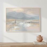 The Good Shepherd with His Sheep watercolor landscape wall art showing Jesus leading His flock through soft pastel hills, symbolizing peace and care.