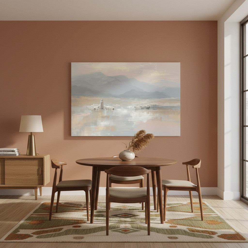 Peaceful landscape wall art of Jesus with His sheep in soft pastel tones, hung above a dining table against a warm terracotta wall.