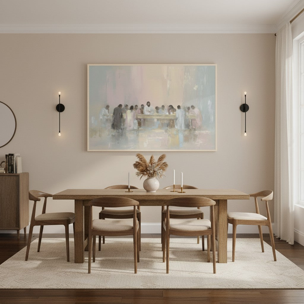 The Last Supper watercolor Christian wall art hung above a dining table, perfect for faith-centered home spaces.