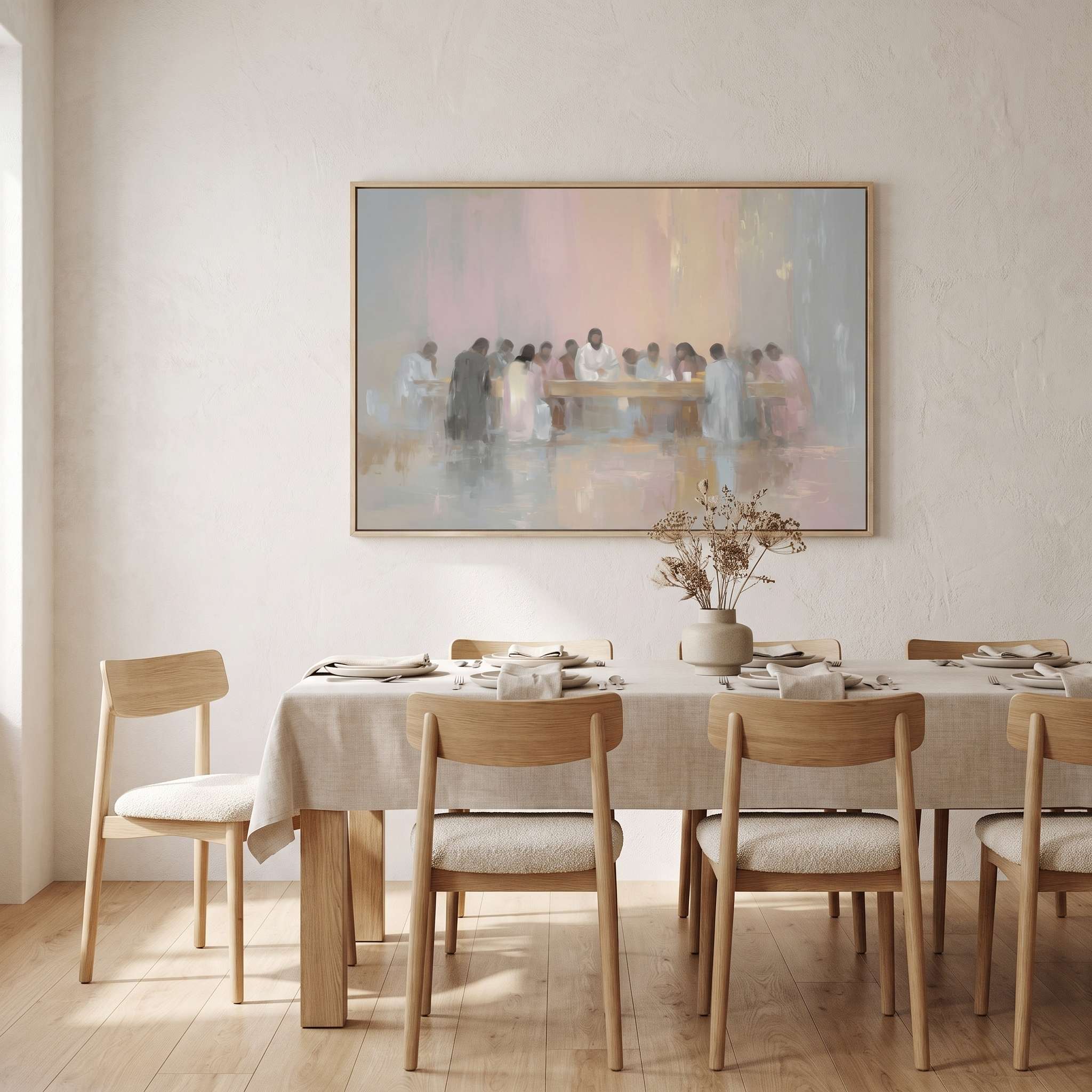 The Last Supper watercolor Christian wall art hung above a dining table, perfect for faith-centered home spaces.