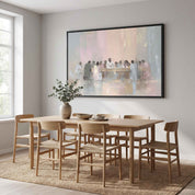 Large framed minimalist watercolor Last Supper Christian wall art in soft neutral tones hanging above a light wood table in a Scandinavian dining room.