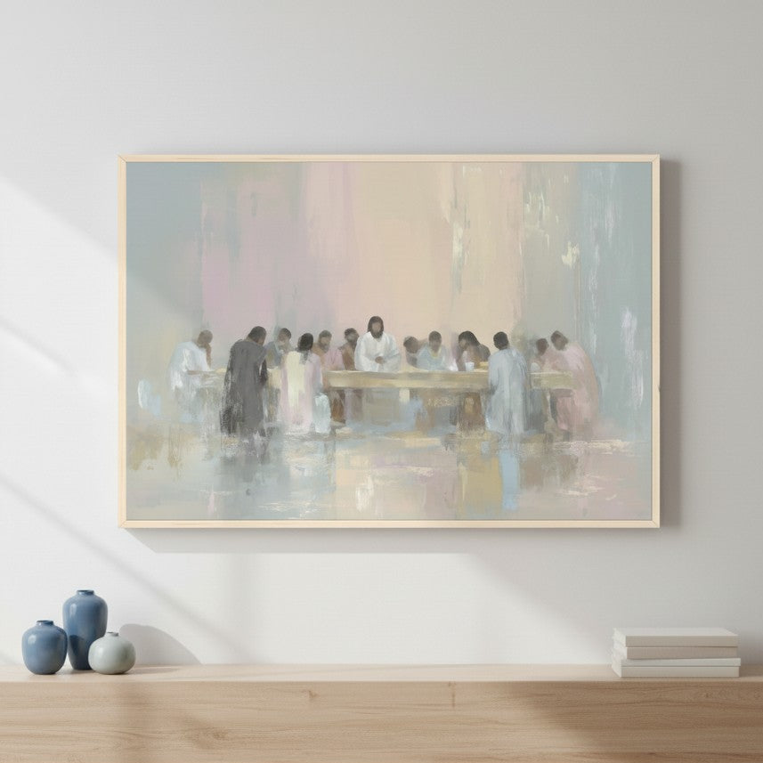 Soft watercolor wall art of The Last Supper inspired by Luke 22:19, displayed on a white wall above a wooden table with a vase.