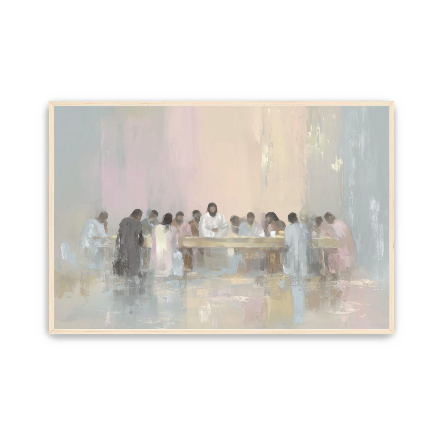 “The Last Supper” soft watercolor Christian wall art canvas inspired by Luke 22:19, featuring Jesus and His disciples.