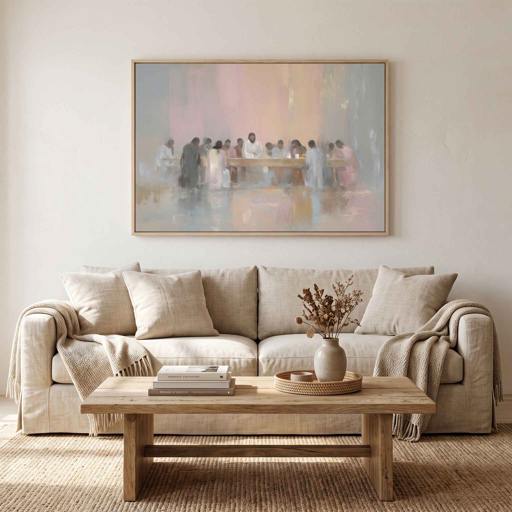Framed watercolor Last Supper wall art portraying Jesus and disciples, hung above a beige sofa in a soft, inviting room.