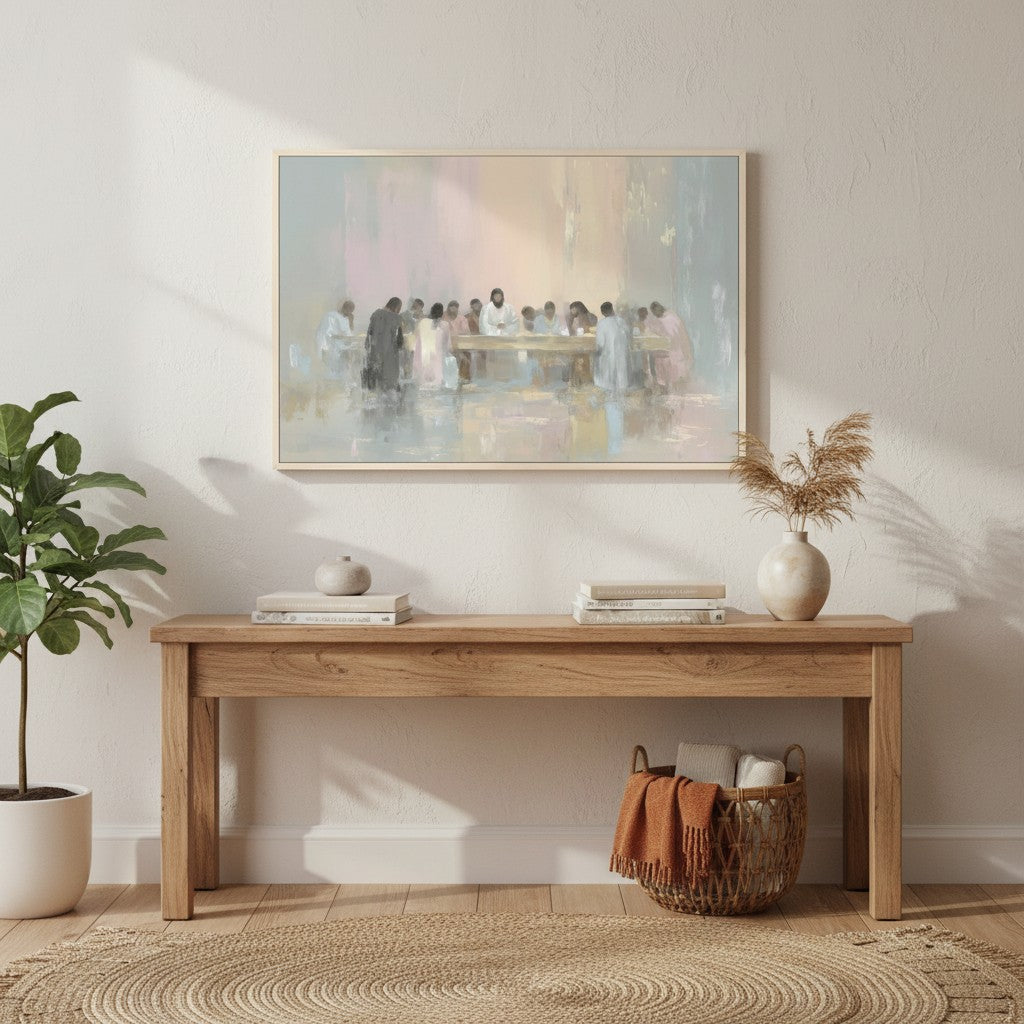 Framed watercolor Last Supper wall art featuring Jesus and His disciples, styled in a warm-toned home with natural decor.
