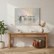 Framed watercolor Last Supper wall art featuring Jesus and His disciples, styled in a warm-toned home with natural decor.