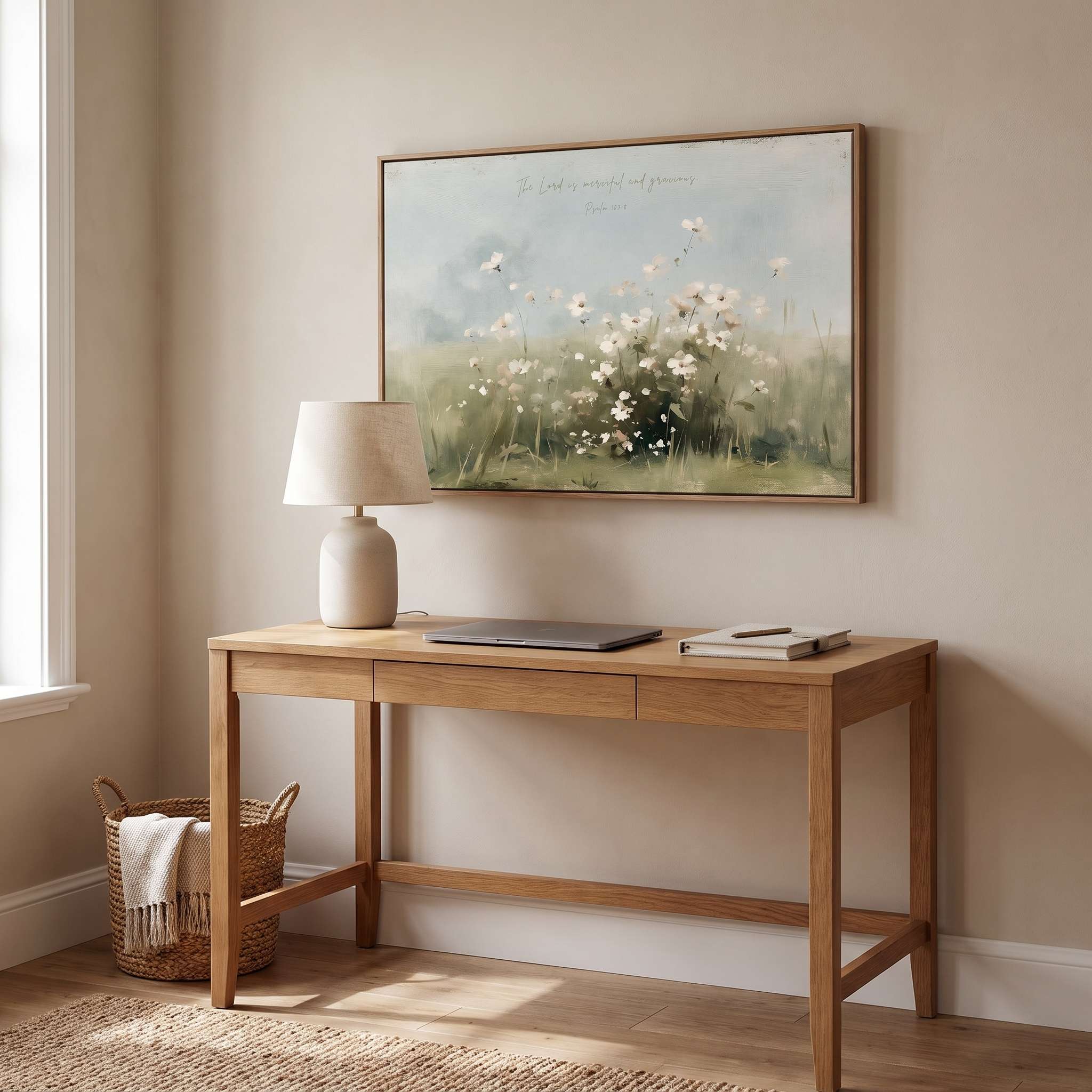 Framed vintage Psalm 103:8 wildflower landscape canvas wall art hanging above a light wood desk with a lamp and laptop in a warm modern workspace.