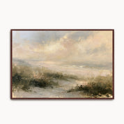 Vintage Psalm 27:1 Christian wall art featuring a coastal dune landscape canvas print with handwritten scripture script, beach grass, and an espresso wood frame.
