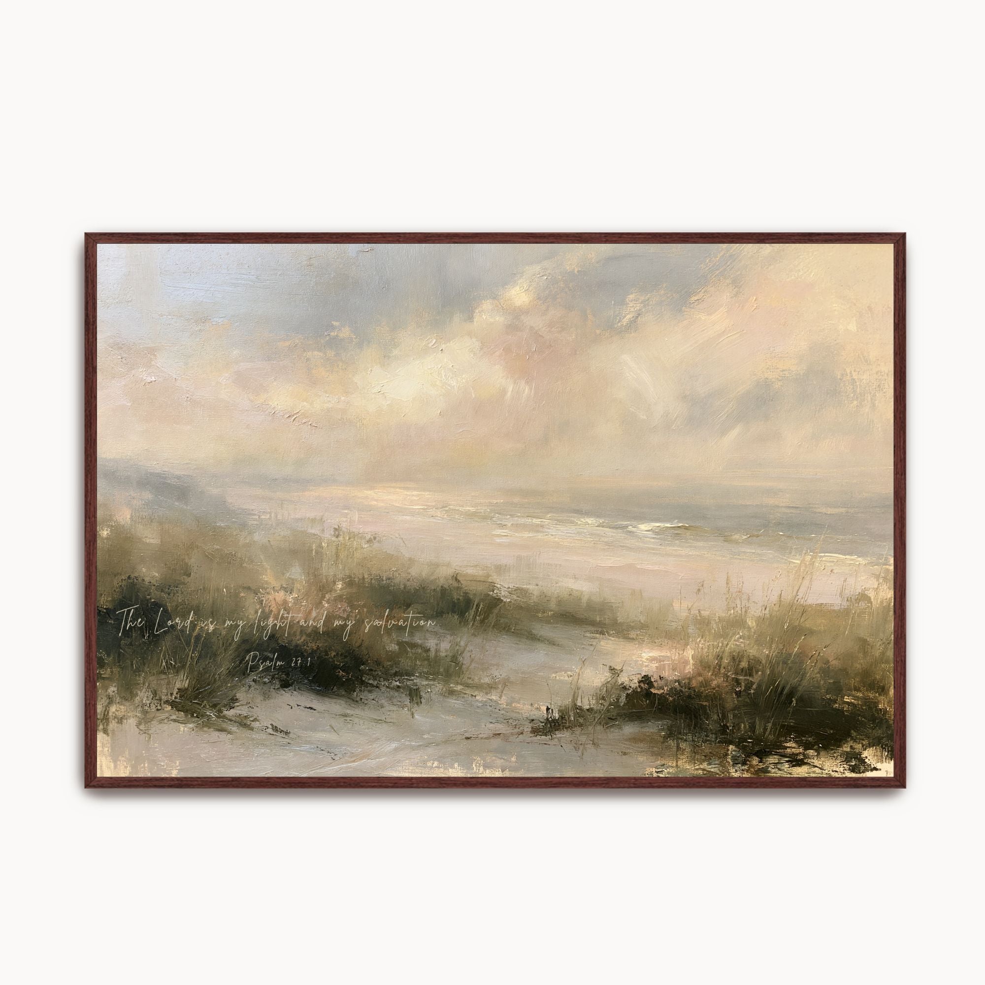 Vintage Psalm 27:1 Christian wall art featuring a coastal dune landscape canvas print with handwritten scripture script, beach grass, and an espresso wood frame.