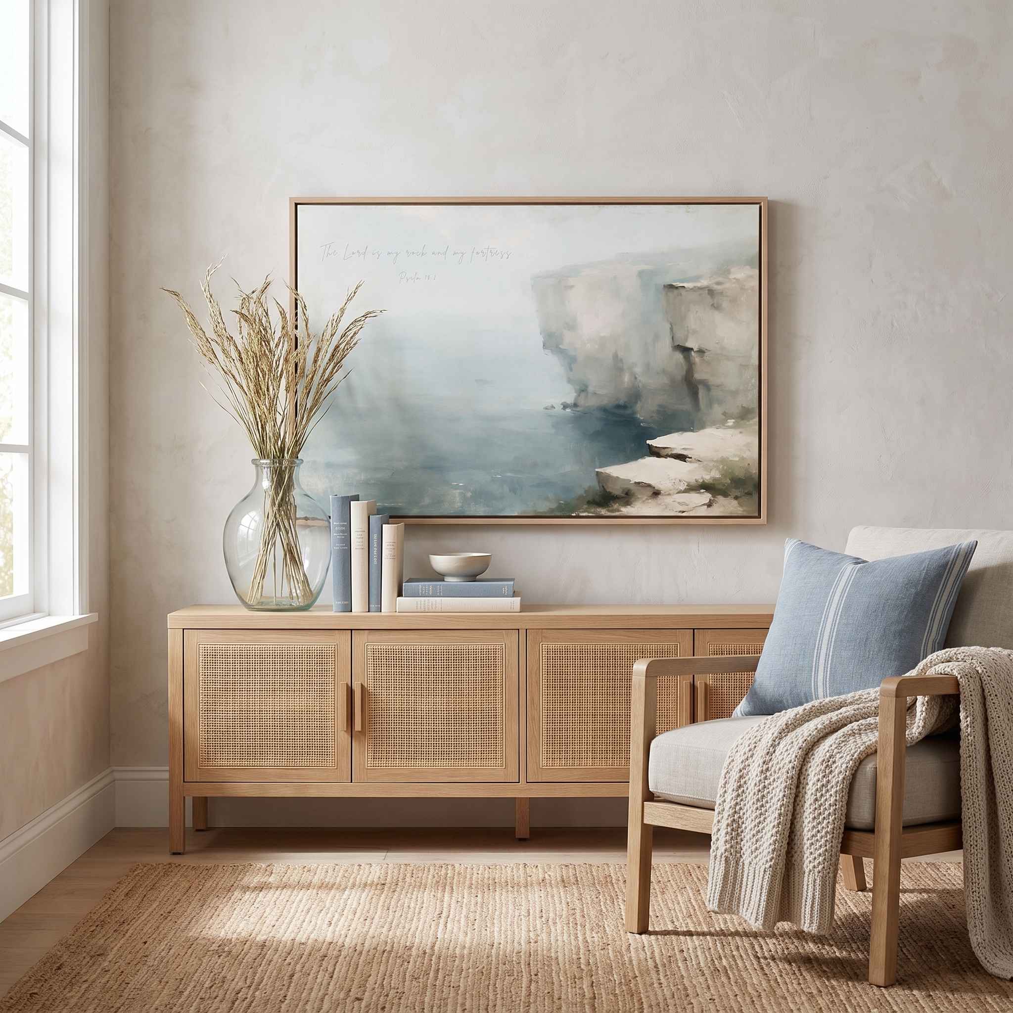Framed vintage Psalm 18:2 Christian landscape canvas wall art featuring a coastal cliff scene hanging above a light wood cane credenza in a bright coastal living room.