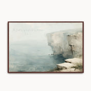 Vintage Psalm 18:2 Christian wall art featuring a coastal cliff landscape canvas print with handwritten scripture script, misty sea-carved rocks, and an espresso wood frame.
