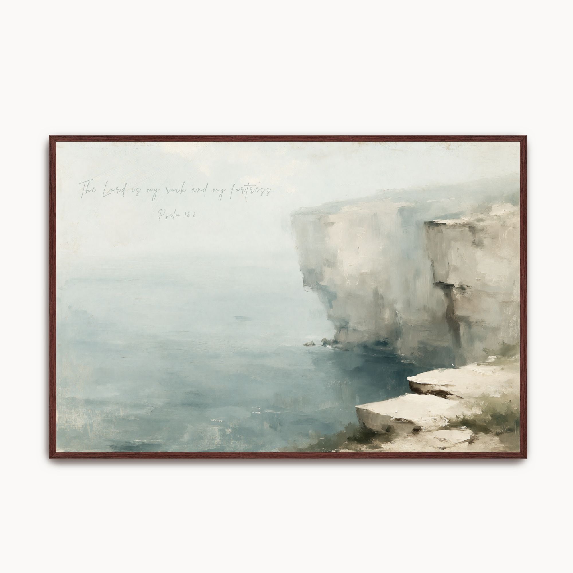 Vintage Psalm 18:2 Christian wall art featuring a coastal cliff landscape canvas print with handwritten scripture script, misty sea-carved rocks, and an espresso wood frame.