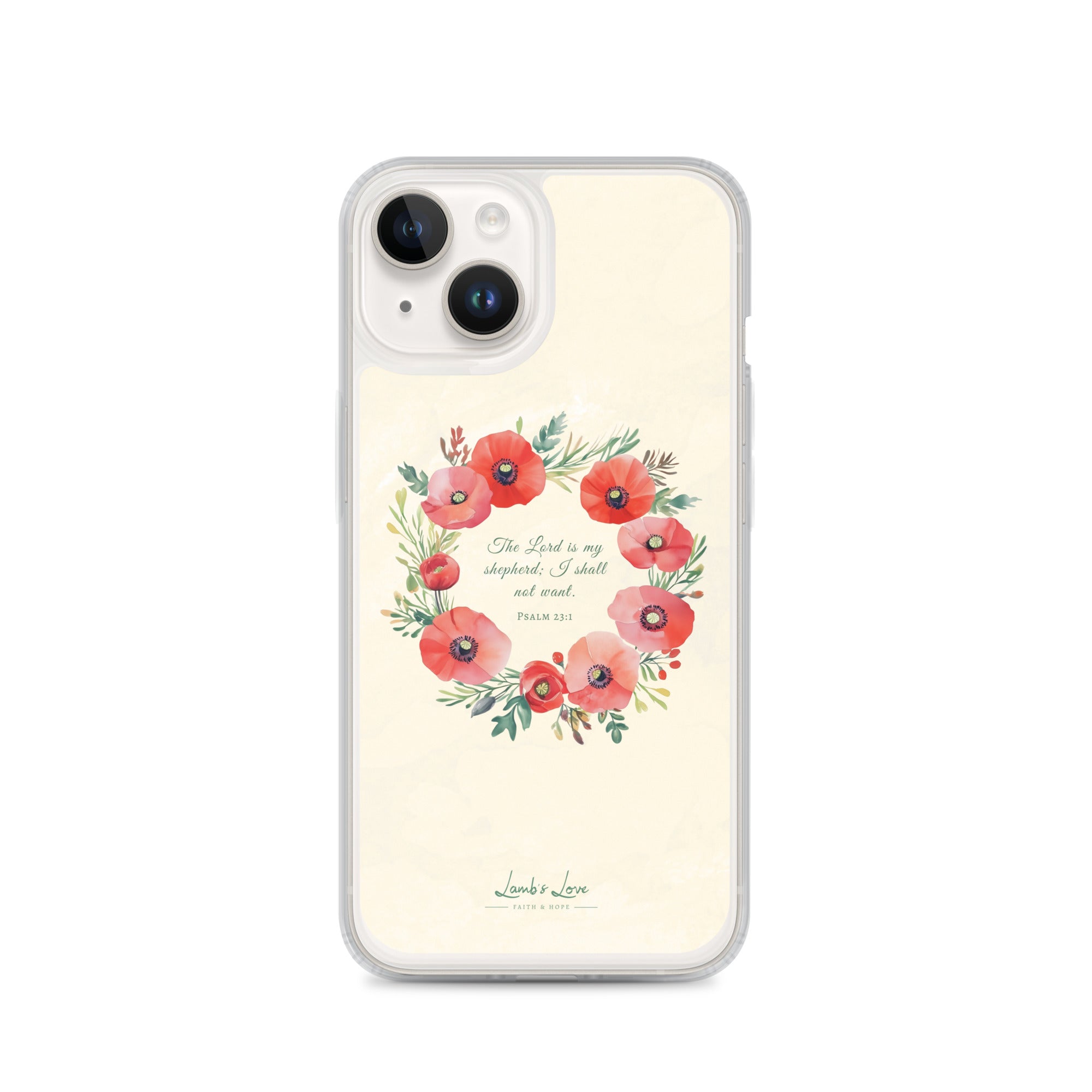 Phone case with floral design and text on a white background