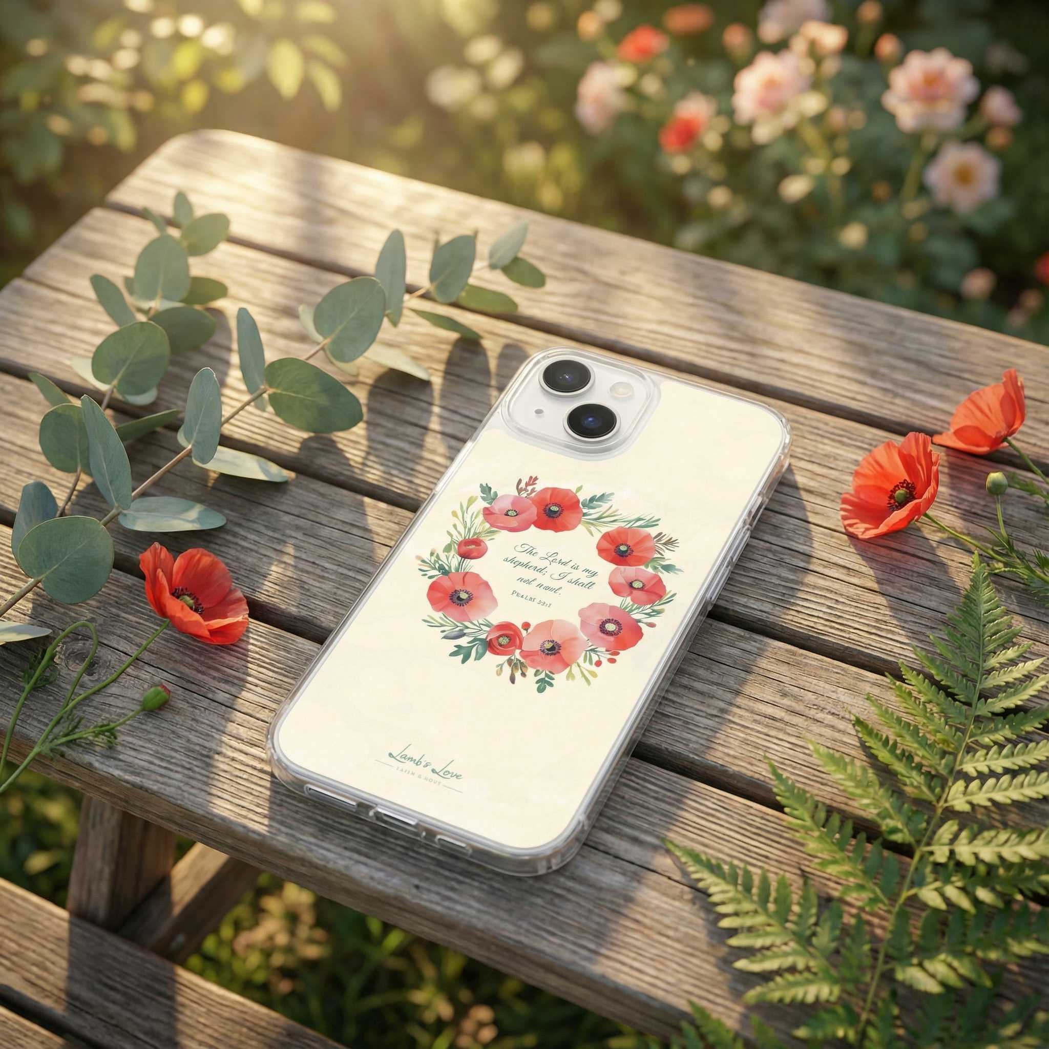 Phone case with floral design on a wooden table with flowers and leaves
