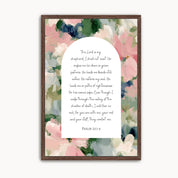 Christian Scripture wall art featuring Psalm 23:1–4, "The Lord is my shepherd," displayed within an elegant arched design and surrounded by soft watercolor florals in blush pink, sage green, cream, and blue. Inspirational Bible verse artwork for living room, bedroom, or prayer room.