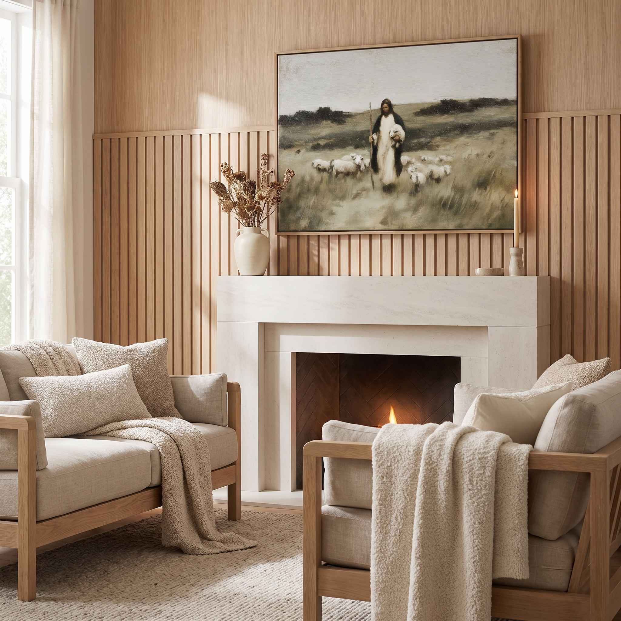 A framed vintage Christian art print depicting Jesus walking with a flock of sheep hangs on a wood-paneled wall above a white fireplace mantel with two beige armchairs in a cozy, organic modern living room.