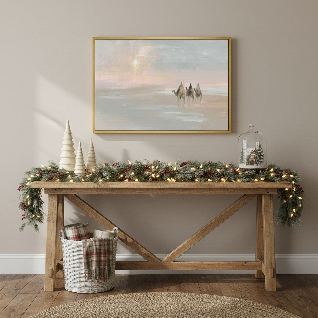 Christmas nativity scene wall art of the Magi and star of Bethlehem in gentle pastel hues, displayed in a cozy dining space.