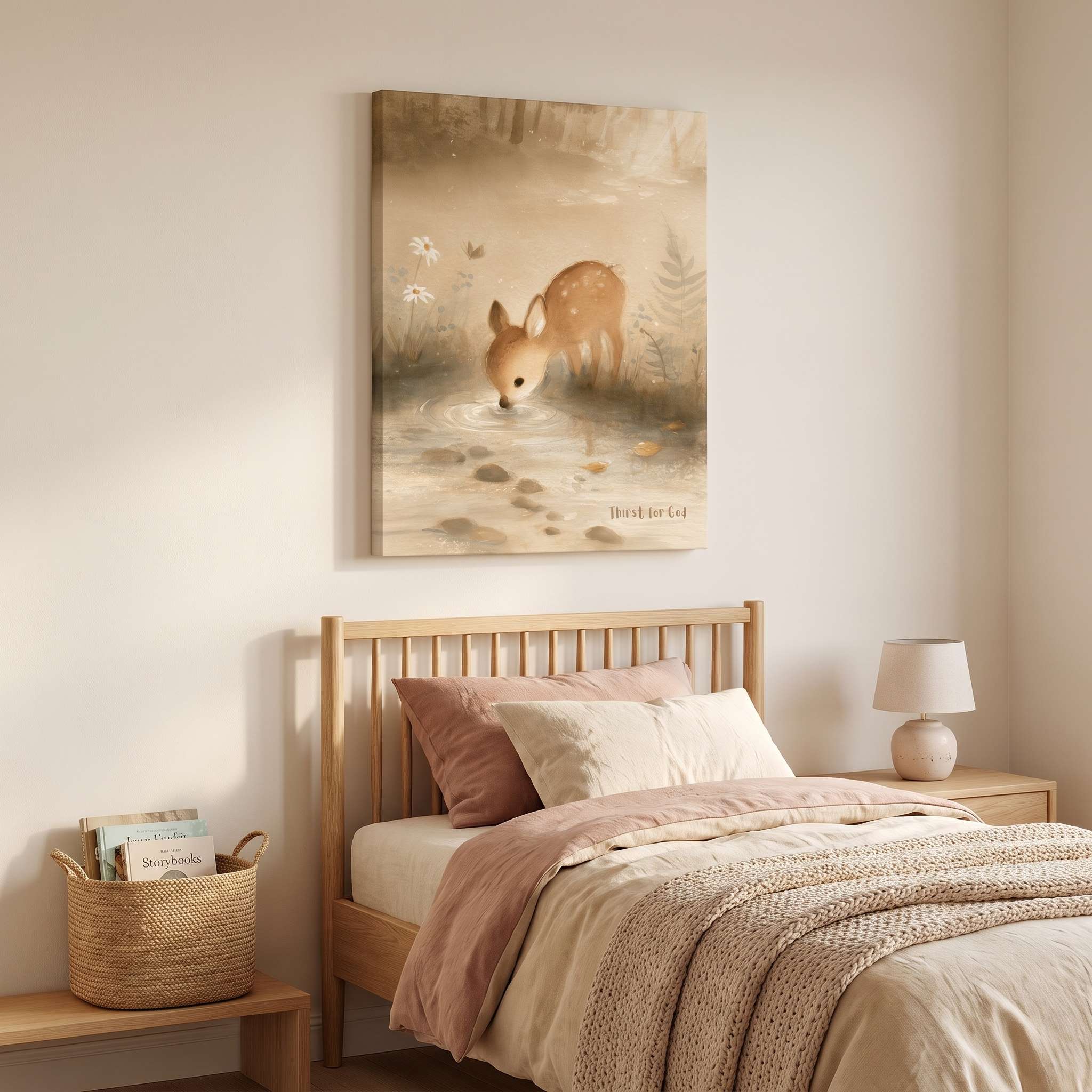Thirst for God Christian kids canvas wall art showing a fawn drinking from a stream, displayed above a wooden bed with blush and cream bedding.
