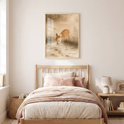 Framed Thirst for God deer Christian wall art above a wooden bed in a child’s bedroom, with a fawn drinking from a stream and soft neutral decor.