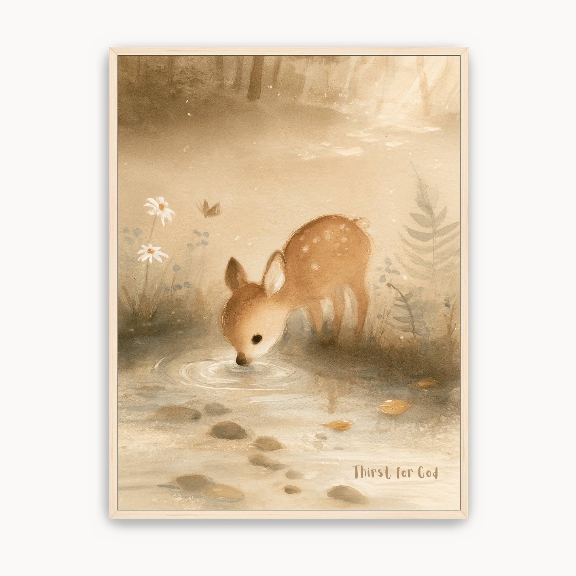 Thirst for God Christian kids wall art featuring a little deer drinking from a stream, with wildflowers and warm neutral tones in a light wood frame.