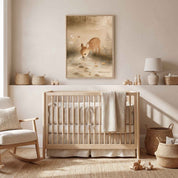Thirst for God deer Christian nursery wall art in a light wood frame above a crib in a neutral Scandinavian-style baby room.