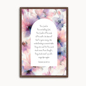 Christian Scripture wall art featuring Isaiah 40:28–31, "Those who hope in the Lord will renew their strength," surrounded by soft watercolor pink, lavender, and blue florals. Inspirational Bible verse artwork for living room, bedroom, office, or prayer room.