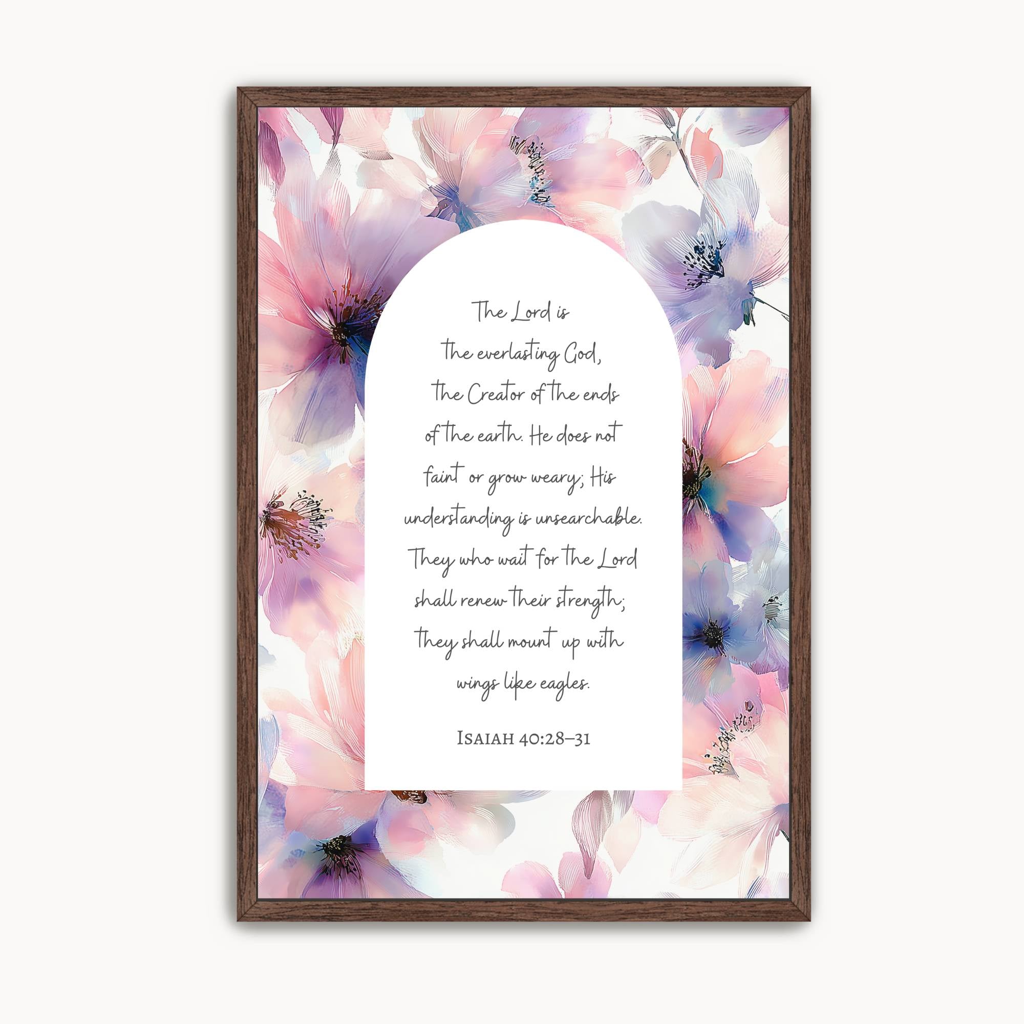 Christian Scripture wall art featuring Isaiah 40:28–31, "Those who hope in the Lord will renew their strength," surrounded by soft watercolor pink, lavender, and blue florals. Inspirational Bible verse artwork for living room, bedroom, office, or prayer room.