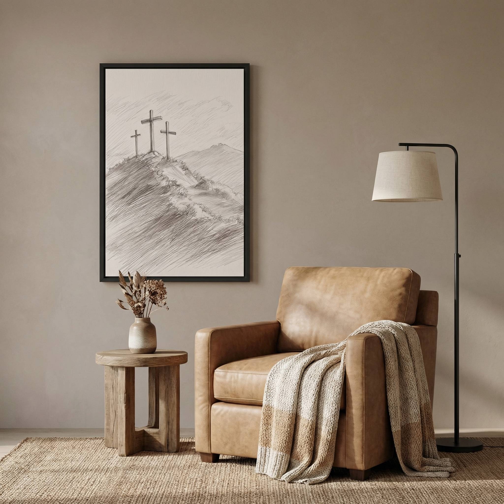 Minimalist Three Crosses Christian wall art in a black frame, styled in a modern living room reading nook above a leather chair.