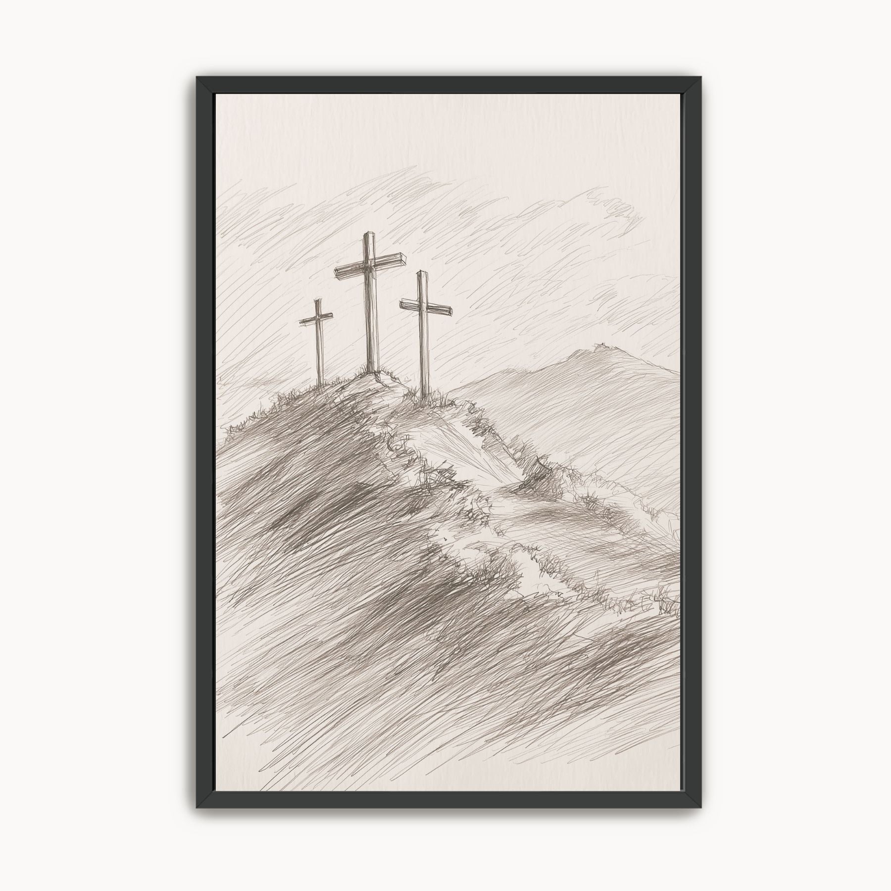 Minimalist pencil sketch of three crosses on Calvary hill, modern Christian wall art for home decor.