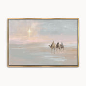 Watercolor Christian Nativity wall art depicting the Three Wise Men following the Star of Bethlehem, with soft sand, muted gold, and twilight blue tones.