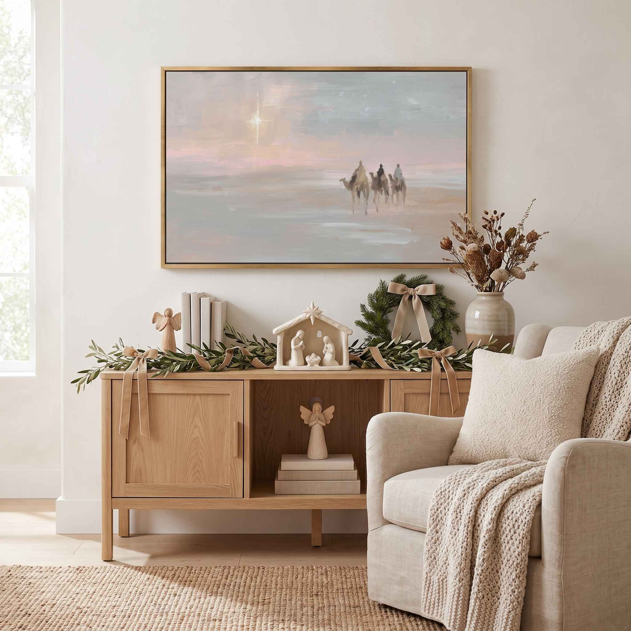 Framed Three Wise Men Nativity wall art showing the Magi beneath a starry sky, styled above a wooden console in a warm living room with Christmas decor.