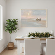 Watercolor Christian wall art of the Three Wise Men following the star of Bethlehem, displayed in a peaceful living room.